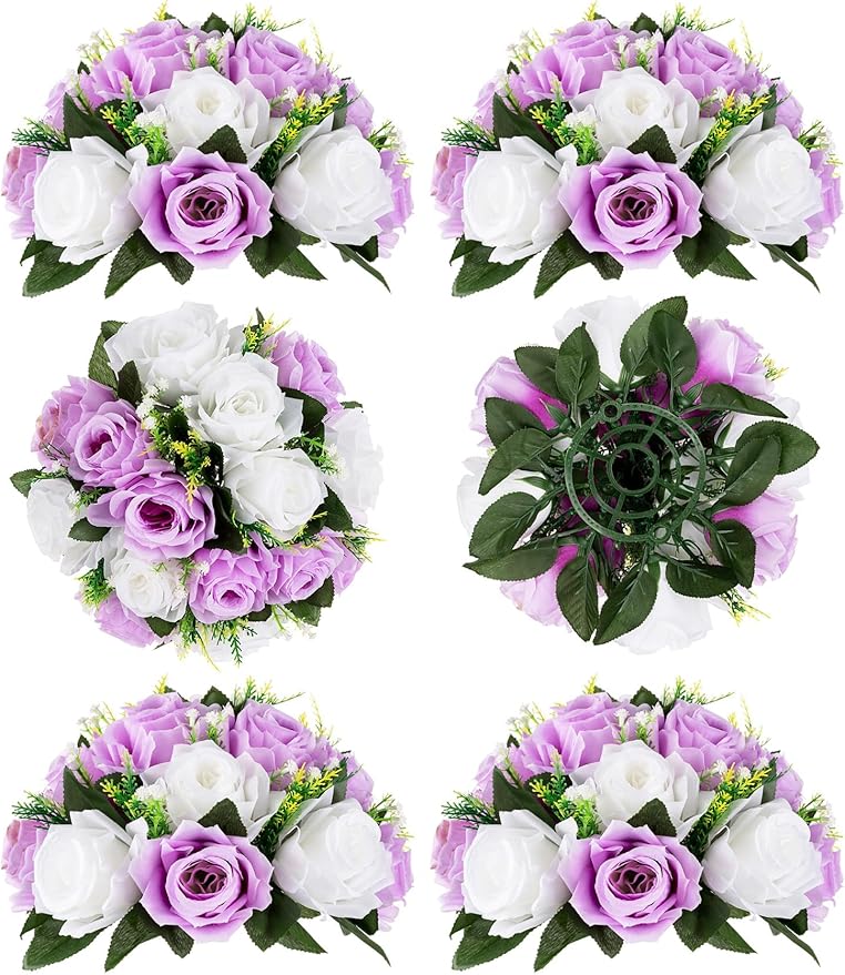 BLOSMON Purple Flowers Ball for Centerpieces: 6 Pcs Fake Lilac White Roses by Blosmon
