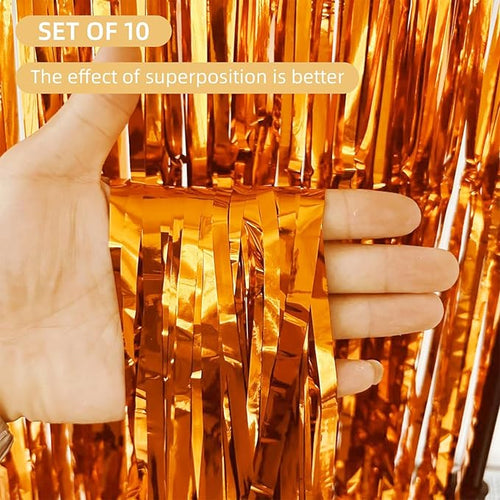 10 Pack Orange Backdrop Curtain 3.2ft x 8.2ft Metallic Tinsel Foil Fringe - Image 2
