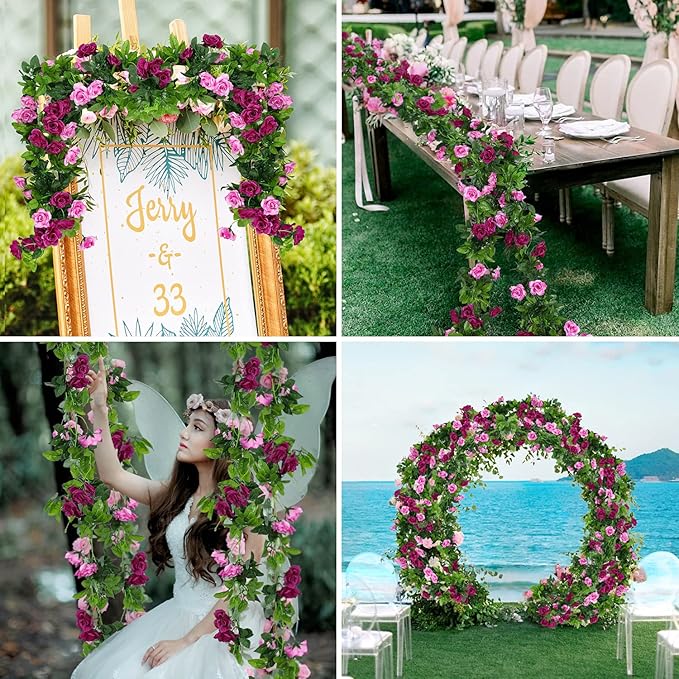 JUSTOYOU 2 Pack Fake Rose Garland, Artificial Rose Vines Flowers Hanging Silk - Image 5