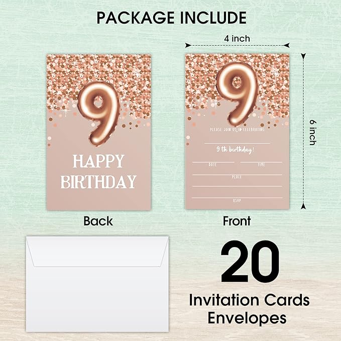 9th Birthday Invitation Cards, Rose Gold Glitter 9th Birthday Party Invites - Image 2