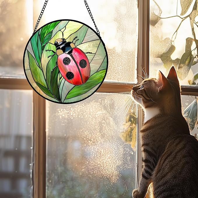 Stained Glass Window Hanging 4 Pcs Set Pink Green Insect Theme Large 11.8" - Image 4