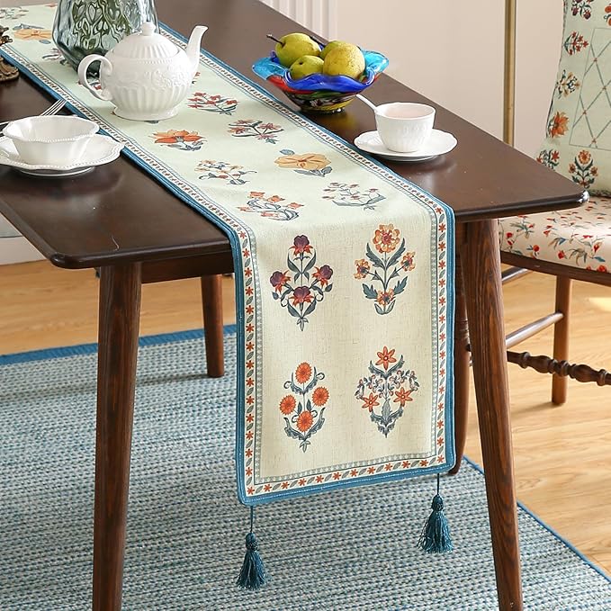 ISAENNE Designer Light Green Linen Extra Long Table Runner 118 Inches, French - Image 2