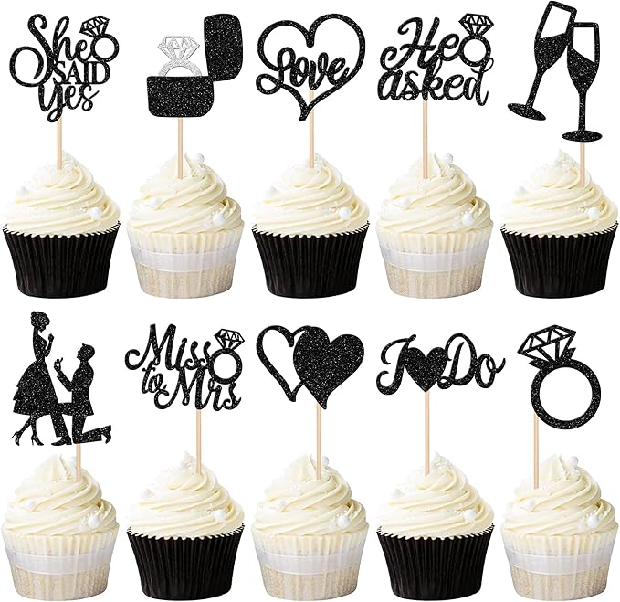 30 PCS He Asked She Said Yes Cupcake Toppers Glitter Engagement Cupcake Toppers by ZHUOWEISM