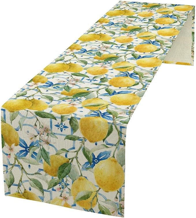 Lemon Table Runner, Watercolor Fruit Green Leaves Spring Summer Table Cloth by Unknown