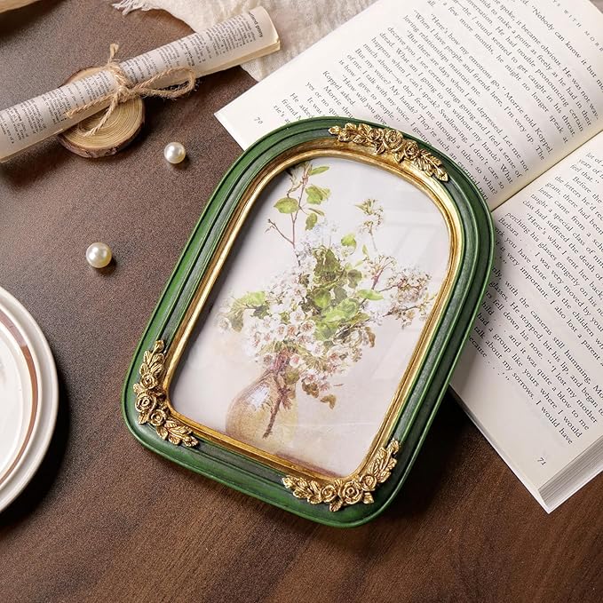 Cuspin Vintage 5x7 Picture Frame, Ornate Gold Green Arch Frames Resin Photo - Image 8
