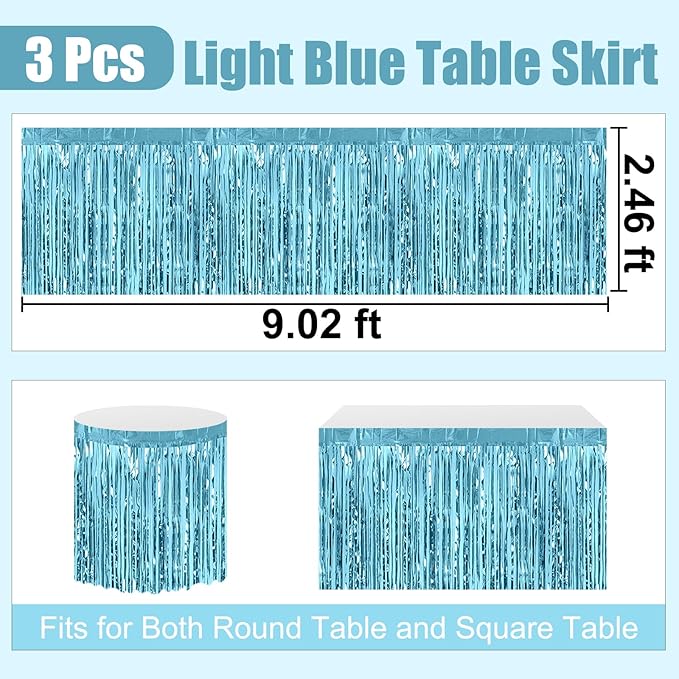 3 Pack 29 x108 Inch Light Blue Foil Fringe Table Skirts Metallic Banner - Image 2