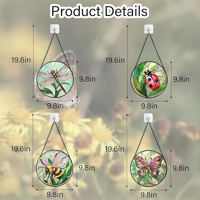 Stained Glass Window Hanging 4 Pcs Set Pink Green Insect Theme 9.8" - Image 6