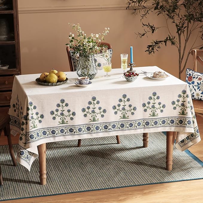 patdrea Designer Vintage Blue Rectangle Extra Long Tablecloth, Leaves Pattern - Image 9