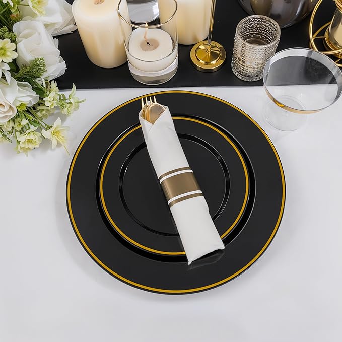 SUT 350 Pcs Black and Gold Plastic Dinnerware Set - Image 5