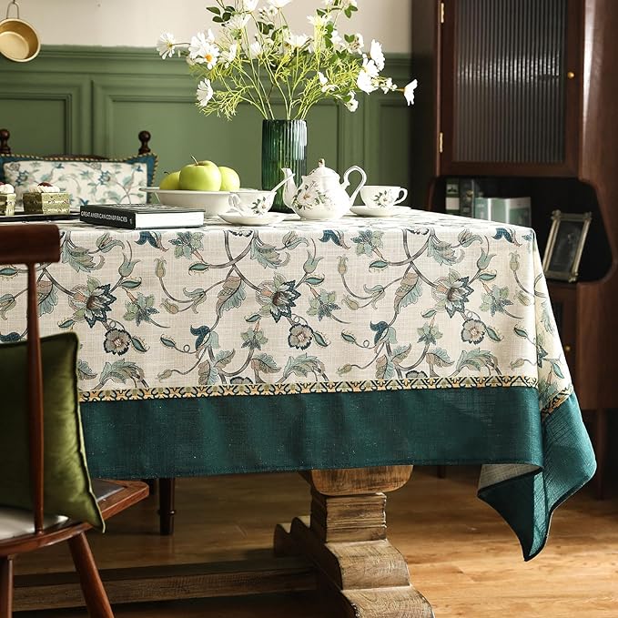 patdrea Designer Green Linen Extra Long Rectangle Tablecloth, Vintage Floral - Image 2