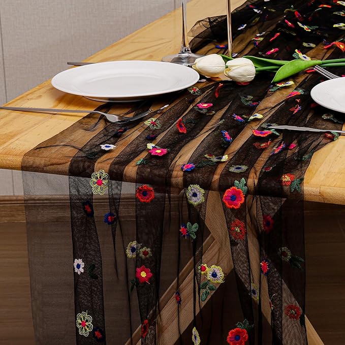 BINBE 1pcs Black Daisy Fall Table Runner Embroidery Gauze 10FT Florals Seasonal - Image 3