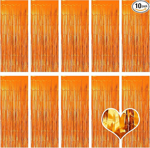 10 Pack Orange Backdrop Curtain 3.2ft x 8.2ft Metallic Tinsel Foil Fringe by Ohiyoo