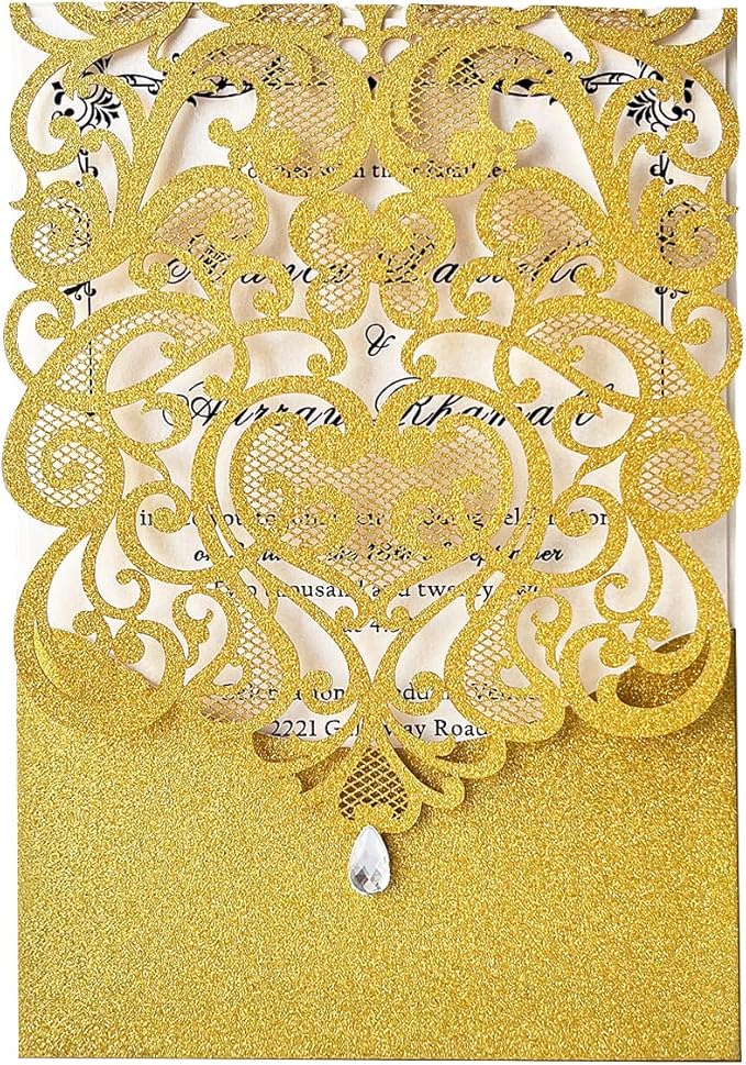 Hosmsua 50PCS Blank Wedding Invitation Cards 5 x 7.3 Inch Gold Laser Cut Hollow by Hosmsua