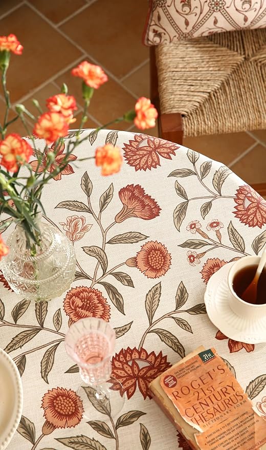 ISAENNE Designer French Small Round Tablecloth, Linen Orange Floral Pattern - Image 4