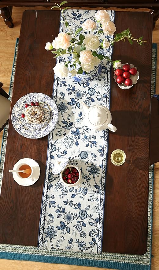 Decorative Small Linen Table Runner 63 Inches Long, Chinoiserie Blue Floral - Image 8