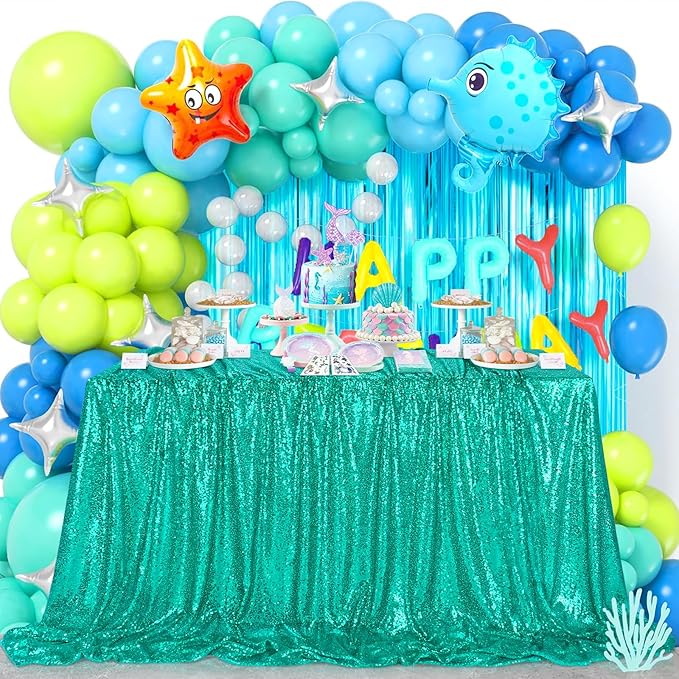 QueenDream Lake Green Tablecloth Sequin Fabric Table Cloths 90x156 Inch Mermaid - Image 5