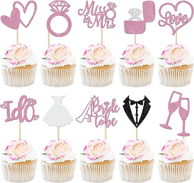 30 PCS Bride to Be Cupcake Toppers Glitter Miss to Mrs I Do Love Heart Ring by ZHUOWEISM