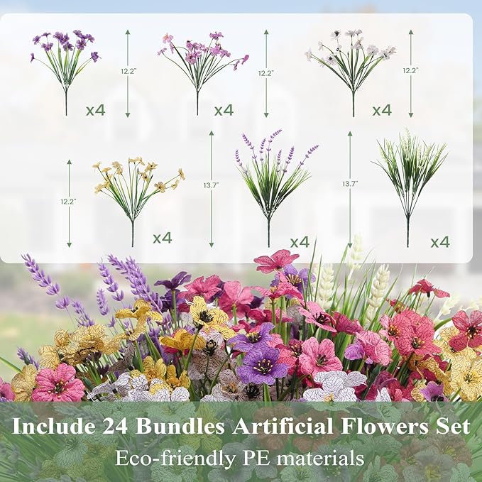 Artificial Flowers for Outdoors 24 Bundles, UV Resistant Colorful Fake Silk - Image 3
