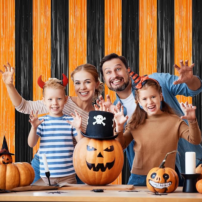 Halloween Photo Backdrop, 2 Pack Orange and Black Party Streamer, Metallic Foil - Image 2
