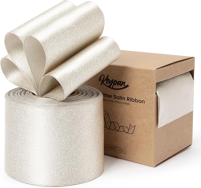 Champagne Satin Wired Ribbon 2-1/2 Inch Double-Faced Sliver Glitter Christmas by Keypan