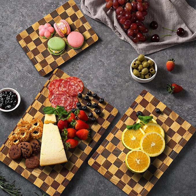 Checkered Cutting Boards for Kitchen, Wood Cutting Board Sets, Walnut Rubber & - Image 6
