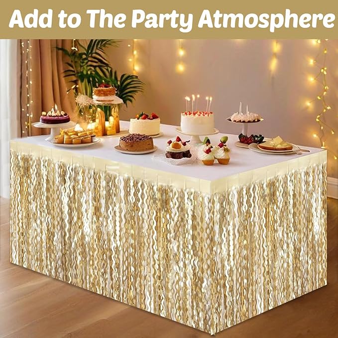 6 Pack 29x108 Inch Champagne Gold Wave Foil Fringe Table Skirts Metallic Banner - Image 4