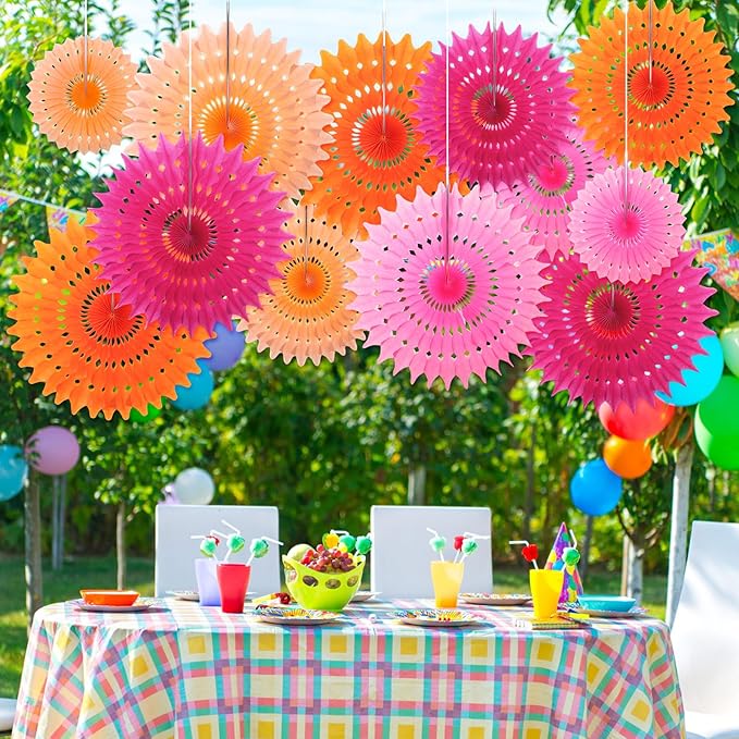 Outus 12 Pcs Hanging Honeycomb Paper Fans Sets, Fiesta Pink and Orange Party - Image 5