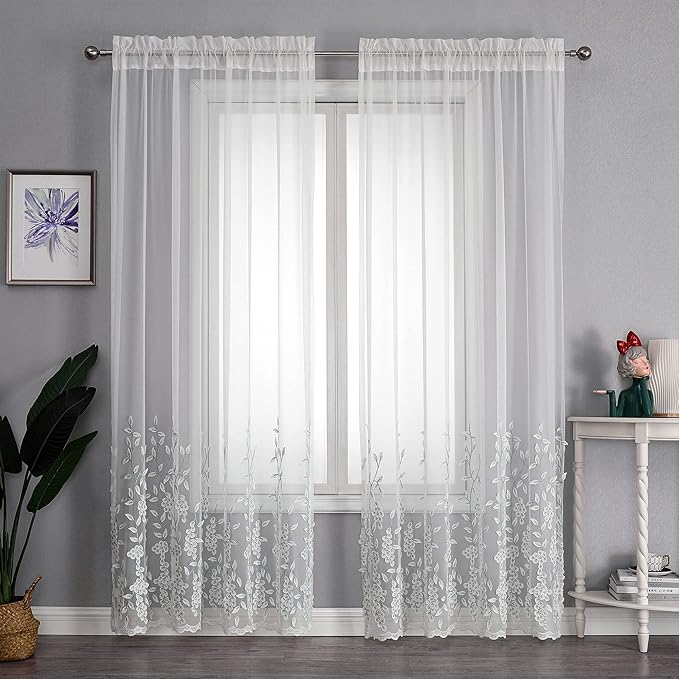 VISIONTEX White Sheer Voile Curtains, Decorative White Embossed Drip Rod Pocket - Image 2