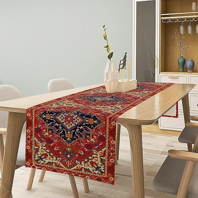 Boho Old French Table Runner, Vintage Red Beige Retro Flower Rustic Country - Image 2