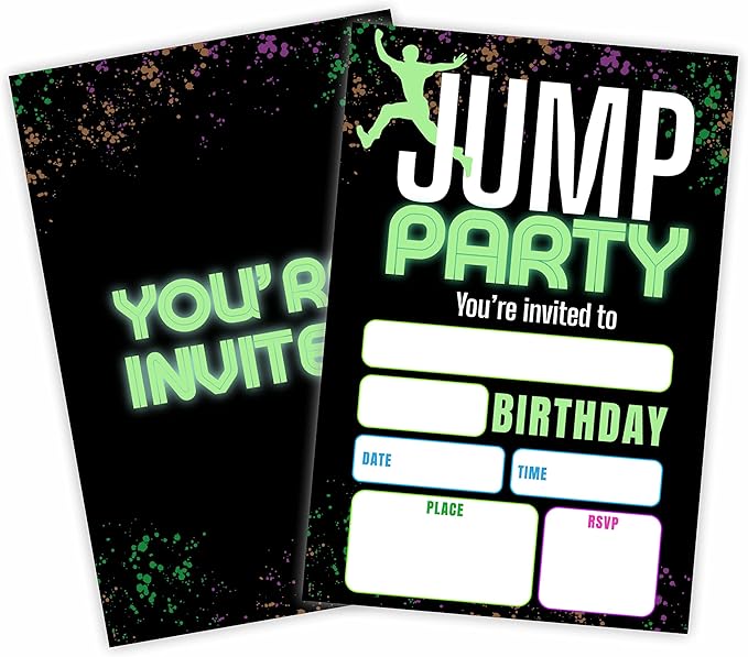 Jump Party Birthday Invitations, Glow Trampoline Birthday Party Invite Cards（20 by GREOXG