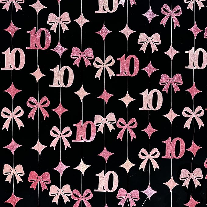 Glitter Pink 10th Bow Birthday Decorations Hot Pink Conquette Bow Garland - Image 5