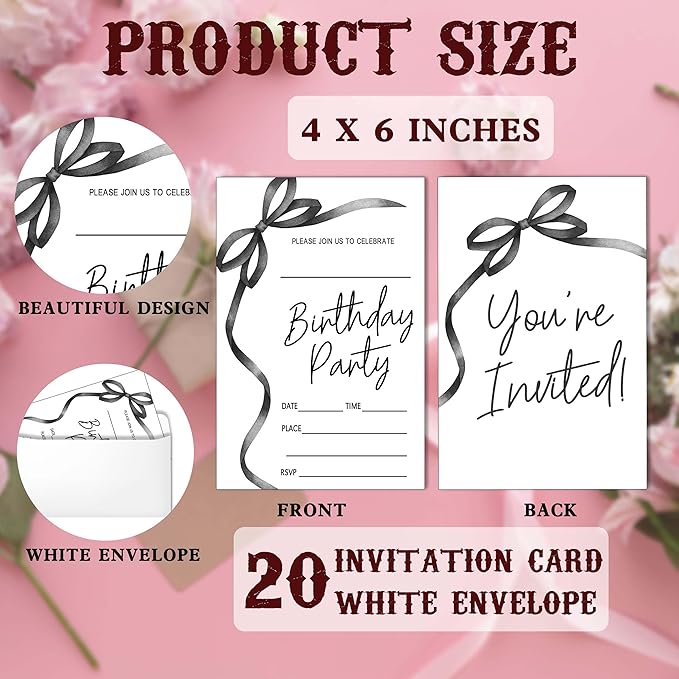 SIXEIGHT Black Bow Birthday Invitations, 20 Party Invitations - Image 2
