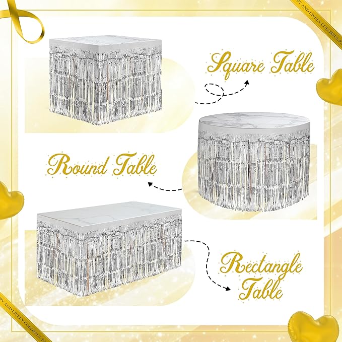 2 Pack Silver Table Skirts, 29x108" Metallic Foil Tinsel Fringe Table Skirts - Image 4