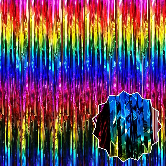 6 Pack Rainbow Foil Fringe Curtains Backdrop, 3.28 x 8.2 Ft Metallic Streamers by LANTIANCHEN