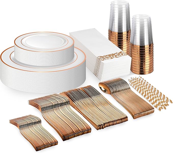 Neatiffy 225 Pcs Rose Gold Rim Plastic Dinnerware Set | 25 x | by NEATIFFY