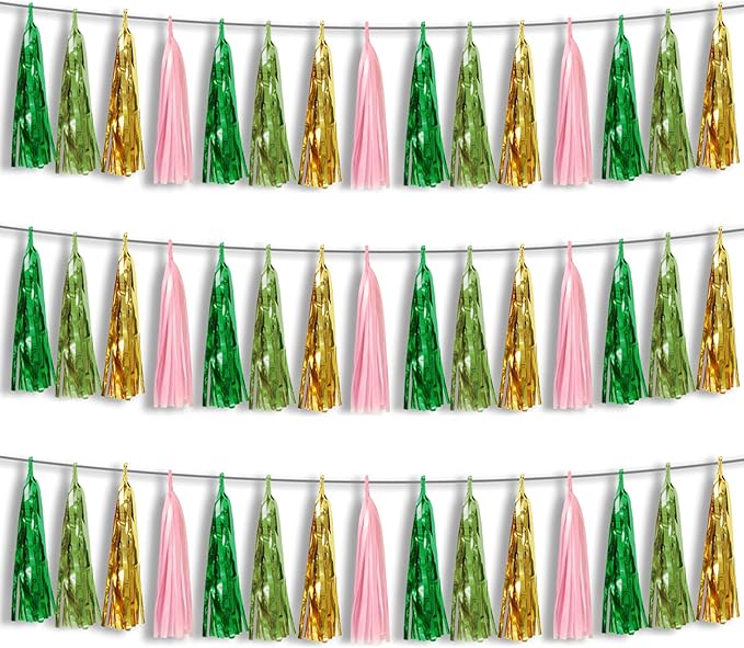 3P Sage-Green Pink-Gold Foil Fringe Metallic Tassel Garland, Tassels Banner by HYSILLA