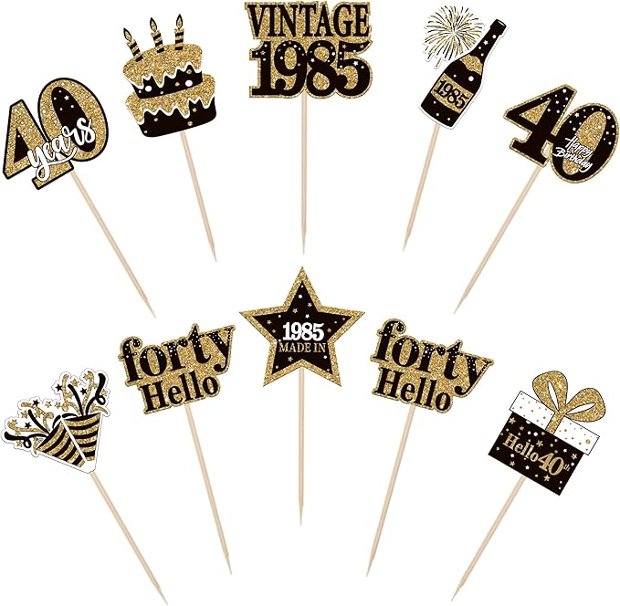 36PCS Happy 40th Birthday Cupcake Toppers Double Sided Black Gold Forty Hello - Image 3