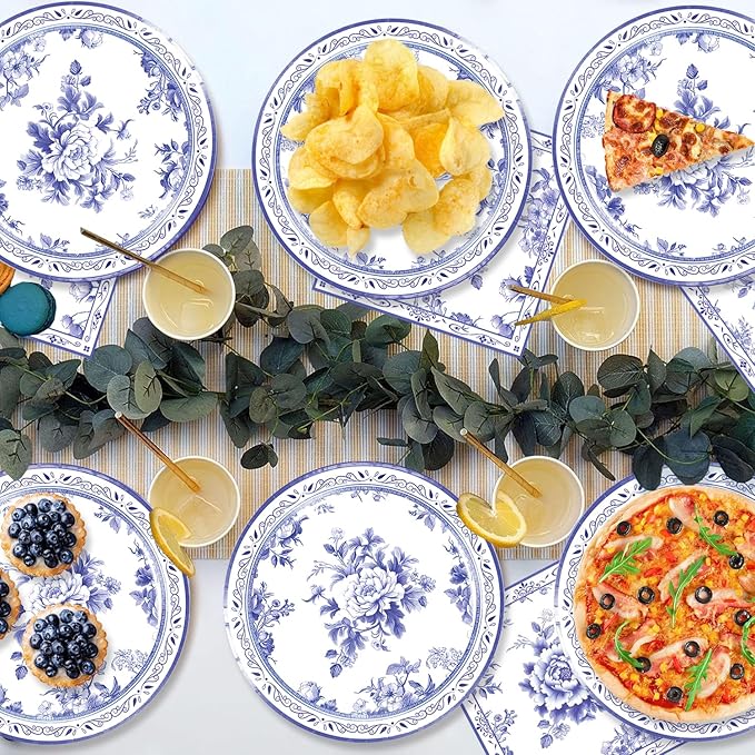40pcs Blue and White Flower Party Decorations Disposable Blue Floral Plates and - Image 5