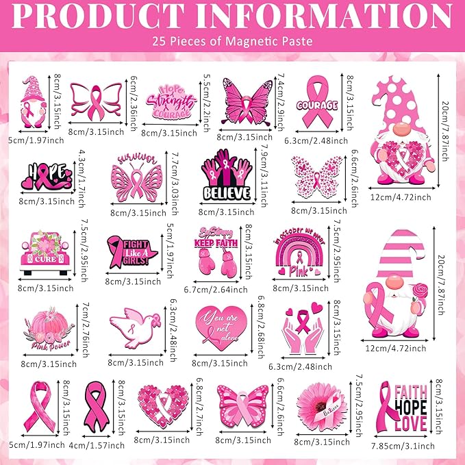 Xuhal 25 Pcs Breast Cancer Awareness Magnets Decoration Pink Gnome Ribbon - Image 2