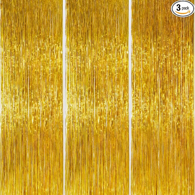 PartyWoo Gold Streamers Curtain Backdrop 3pcs Foil Fringe Curtain 8.2FT Gold by PartyWoo