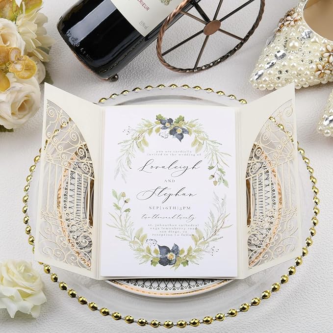 25Pcs Light Gold Glitter Laser Cut Wedding Invitation Kits - Image 2