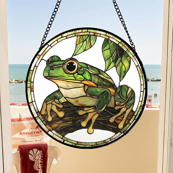 Stained Glass Window Hanging, Frog Green Leaf Sun Catchers Colorful Glass Panel - Image 3