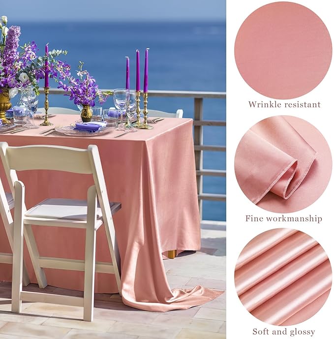 TURSTIN 1 Pack Rose Gold Satin Tablecloth 102 x 58 Inch Overlay Satin Table - Image 3