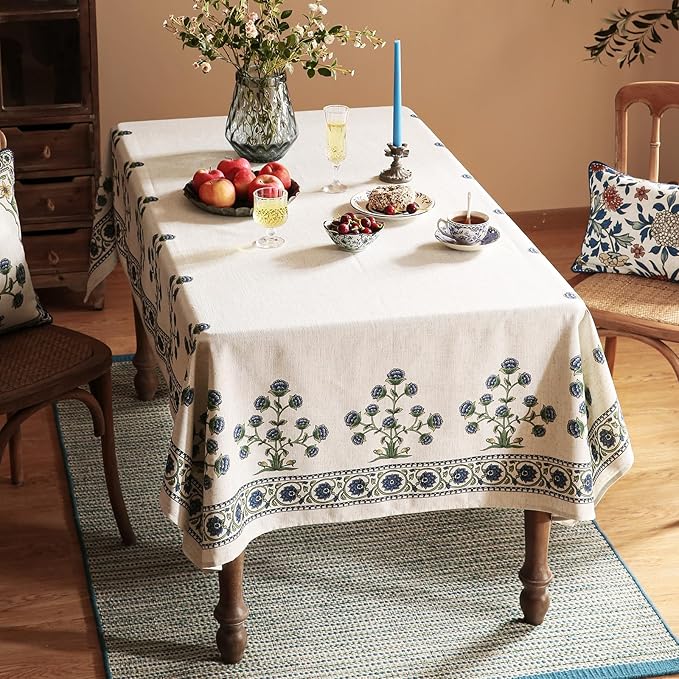 patdrea Designer Linen Vintage Blue Long Rectangle Tablecloth, Leaves Pattern - Image 9