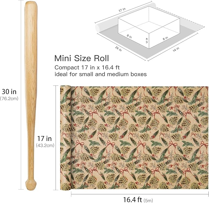 RUSPEPA Kraft Christmas Wrapping Paper Roll, Mini Roll, Pinecone and Greenery - Image 7