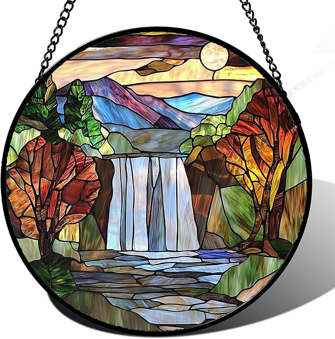 Stained Glass Window Hanging, Abstract Landscape Waterfall Mountains Trees by JOSUMALY