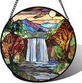 Stained Glass Window Hanging, Abstract Landscape Waterfall Mountains Trees by JOSUMALY