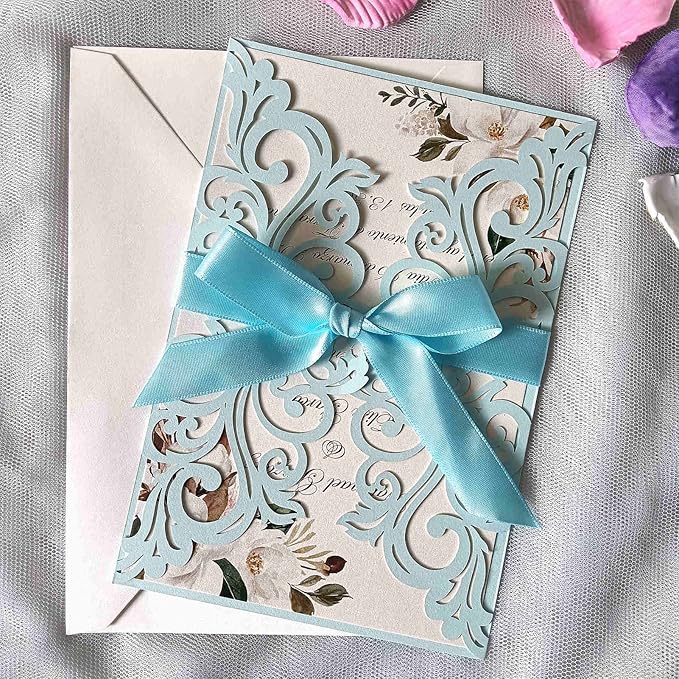 25PCS Light Blue Laser Cut Wedding Invitations Cards - Image 5