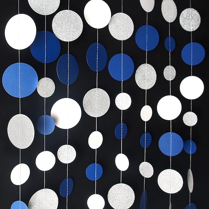 46 Feet Navy Blue White and Silver Circle Dots Garland Royal Blue Hanging Paper - Image 3