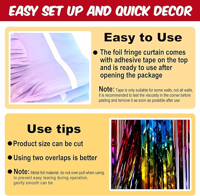 6 Pack Rainbow Foil Fringe Curtains Backdrop, 3.28 x 8.2 Ft Metallic Streamers - Image 3